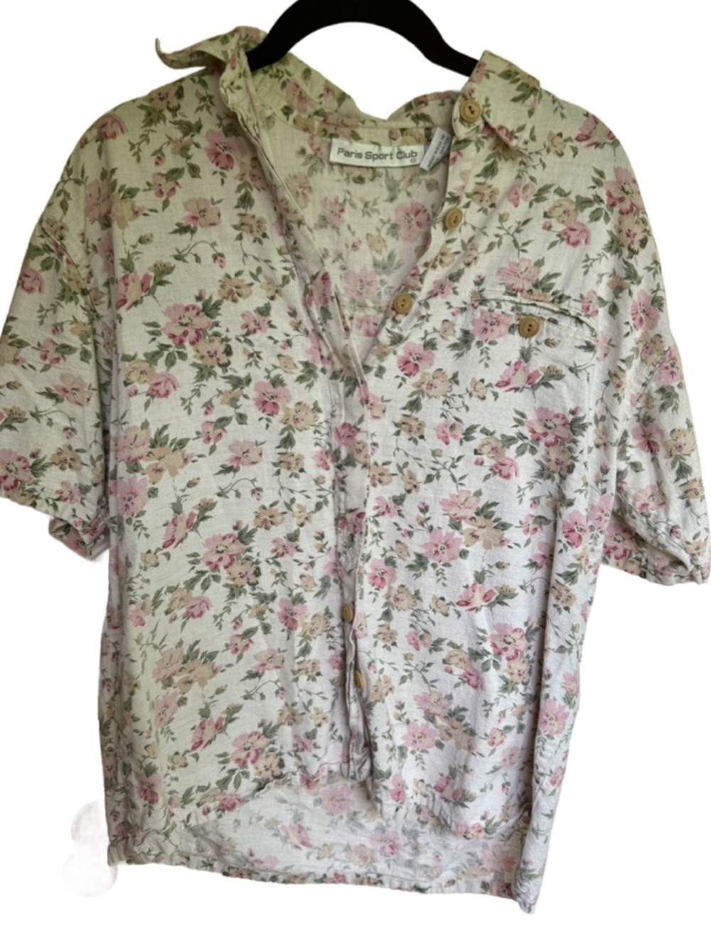 Vintage Paris Sport Club Floral Button-Up Top - Pink & Green on Cream